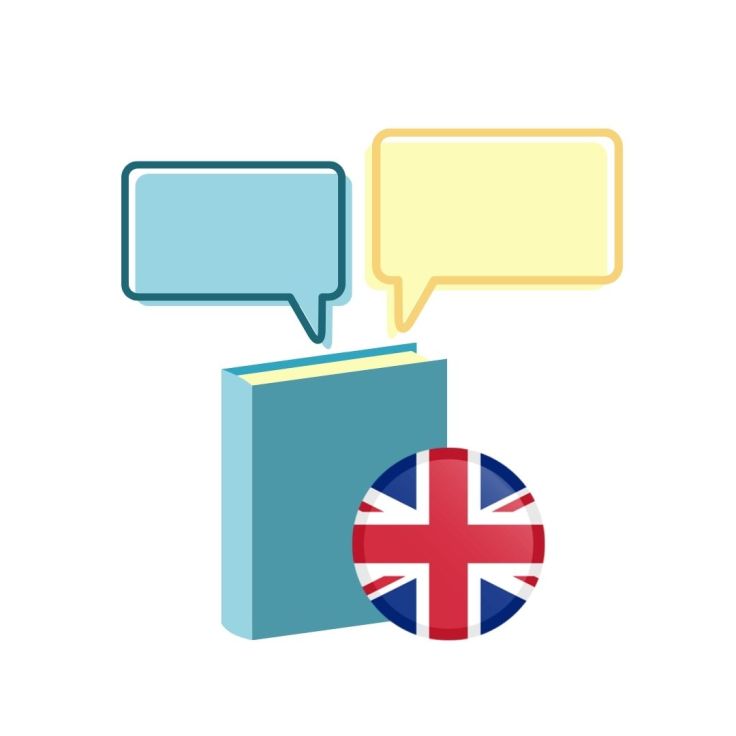 Imatge d'un llibre i dos globus de conversa i la bandera del Regne Unit