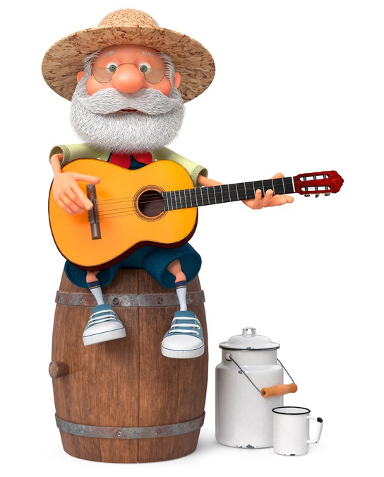 Imatge on es veu una il·lustració d'un home amb una guitarra, assegut en un barril
